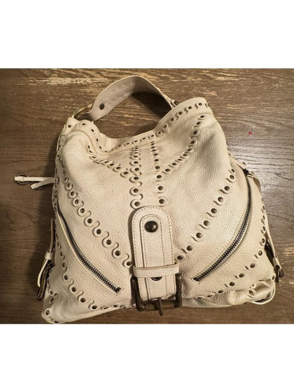 Vtg Besso Cream Italy Studded Leather Shoulder hobo Bag Y2K Western Boho Buckle - Picture 11 of 16